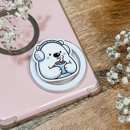 Cute Polar Bear Magnetic Phone Grip – Cozy Bear with Hot Drink Phone Holder, Kawaii Winter Phone Grip, Perfect Gift for Winter Lovers