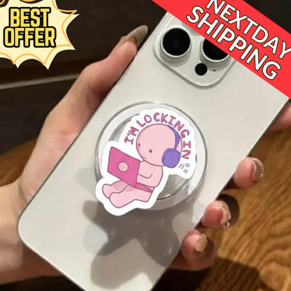 Kawaii Locking In Magnetic Phone Grip – Cute Character with Laptop & Headphones, MagSafe Phone Holder for Study and Work Lovers