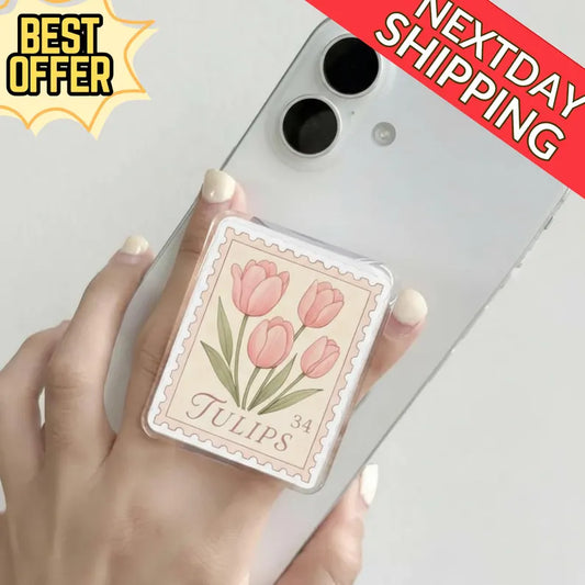 Vintage Tulips Magsafe Phone Grip: Aesthetic Stamp-Style Holder, Floral Cute Phone Holder, Gift for Flower Lovers & Cottagecore Fans