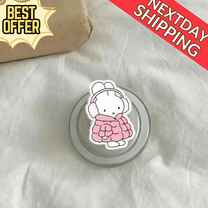 Cute Pink Puffer Bunny Magnetic Phone Grip: Kawaii Winter Rabbit Griptok, Cozy Aesthetic Phone Holder, Gift for Bunny Lovers
