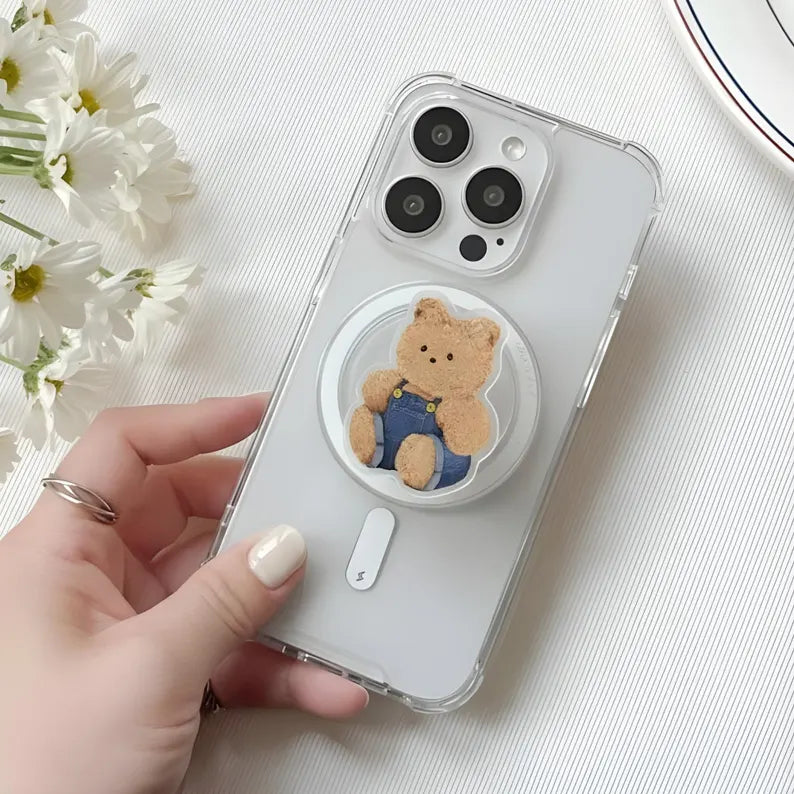 Cute Teddy Bear Magnetic Phone Grip: Kawaii Plush Bear Phone Stand, Soft Aesthetic Phone Holder, Adorable Gift for Bear Lovers & Teens