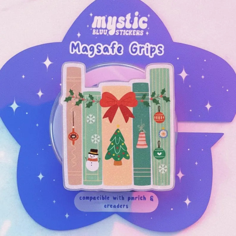 Christmas Bookshelf MagSafe Phone Grip – Cute Holiday Book Lover GripTok, Festive Magnetic Phone Stand Alternative, Bookish Gift for Readers