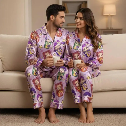 KPop Demon Hunters Huntrix Ramen Satin Pajamas Set, Huntrix Pajamas, Rumi Mira Zoey Pajamas, Kpop Fan Gifts, Demon Hunter Inspired Sleepwear