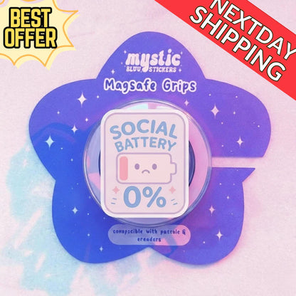 Social Battery 0% Magsafe Phone Grip, Funny Phone Stand for Introvert, Social Media Sticker Grip, Cute Social Battery Grip, Introvert Gift