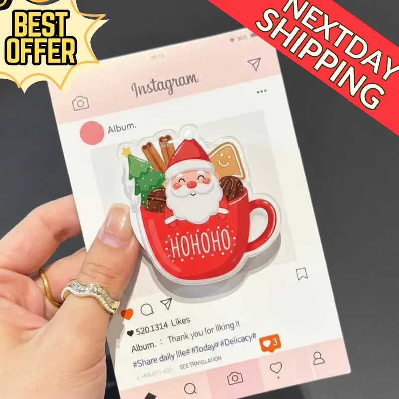 Santa Hot Cocoa Magnetic Phone Grip: Cute Christmas Mug Magsafe Phone Stand, Festive Holiday Phone Holder, Cozy Gift for Xmas Lovers