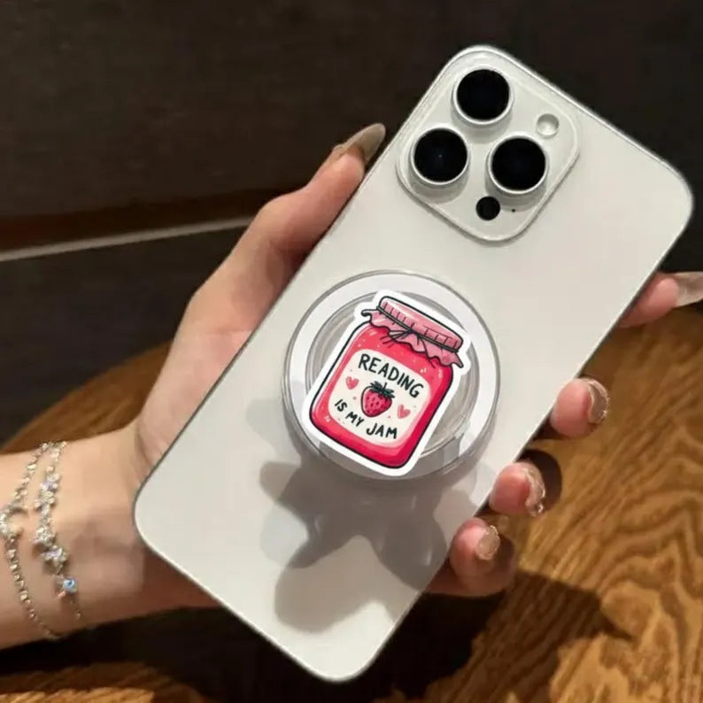 Reading Is My Jam Magnetic Phone Grip, Cute Strawberry Jam Jar Phone Accessory, Book Lover Gift, Fun Literary Magsafe Phone Grip