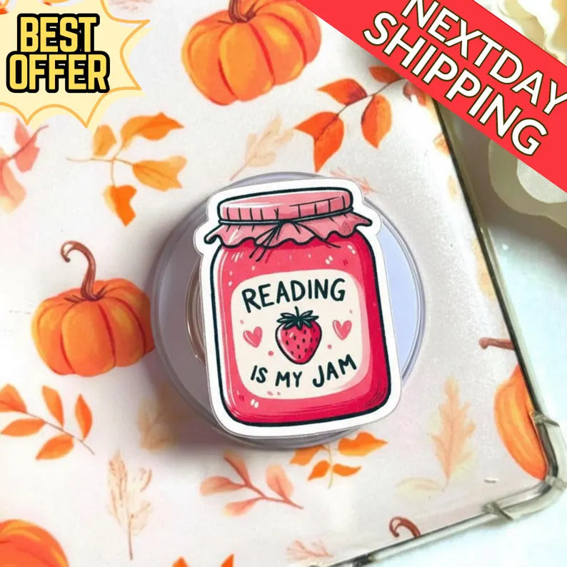 Reading Is My Jam Magnetic Phone Grip, Cute Strawberry Jam Jar Phone Accessory, Book Lover Gift, Fun Literary Magsafe Phone Grip