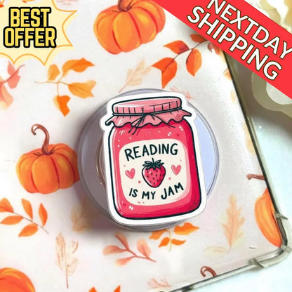 Reading Is My Jam Magnetic Phone Grip, Cute Strawberry Jam Jar Phone Accessory, Book Lover Gift, Fun Literary Magsafe Phone Grip