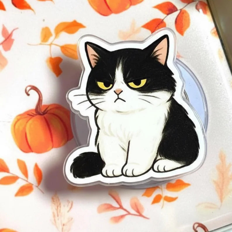 Grumpy Cat MagSafe Phone Grip: Black White Kitty Magnetic Popgrip, Cute Pet Phone Holder Gift for Cat Lovers