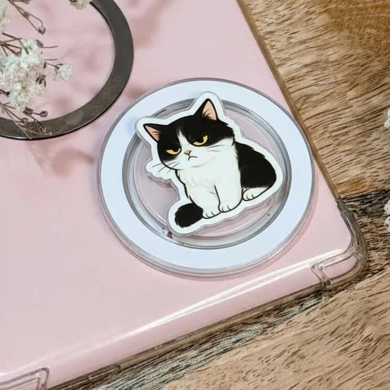 Grumpy Cat MagSafe Phone Grip: Black White Kitty Magnetic Popgrip, Cute Pet Phone Holder Gift for Cat Lovers