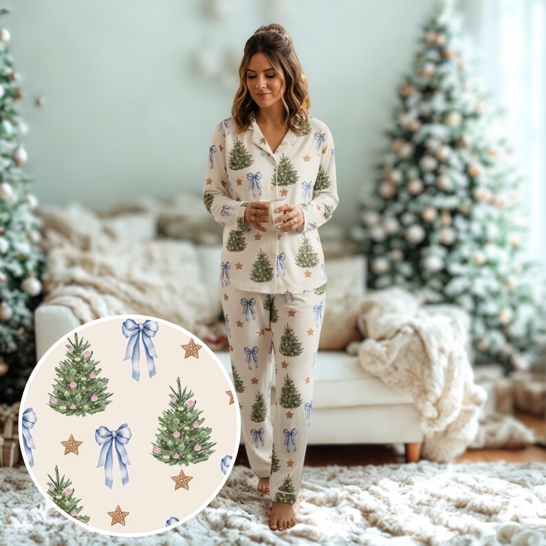 Mom & Daughter Coquette Satin Pajamas Set – Blue Bow Christmas Tree PJs, Matching Holiday Outfit, Cute Family Sleepwear for Christmas