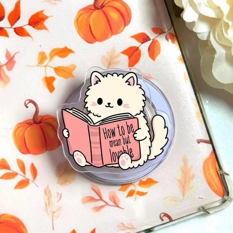 How To Be Mean But Lovable Cat MagSafe Phone Grip: Kawaii Cat Reading Book Magnetic Griptok, Funny Cat Lover Phone Holder, Gift for Teens