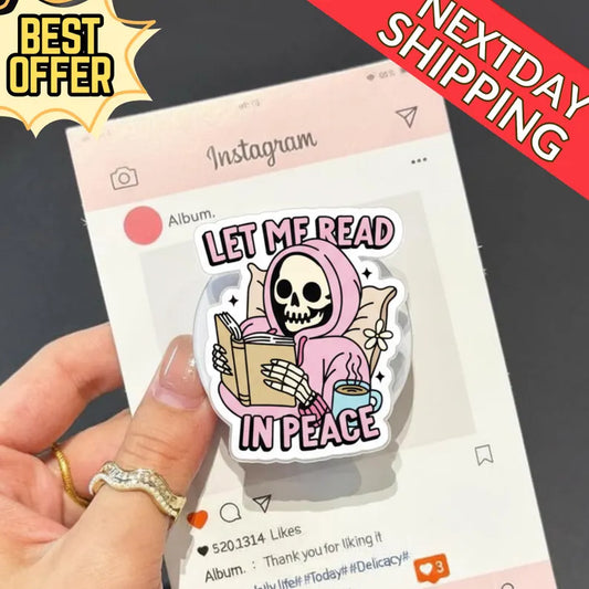 Let Me Read in Peace Magnetic Phone Grip – Funny Skeleton Reading Phone Holder, Kawaii Skeleton Phone Stand, Perfect Gift for Book Lovers