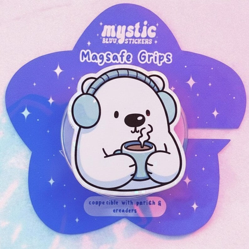 Cute Polar Bear Magnetic Phone Grip – Cozy Bear with Hot Drink Phone Holder, Kawaii Winter Phone Grip, Perfect Gift for Winter Lovers