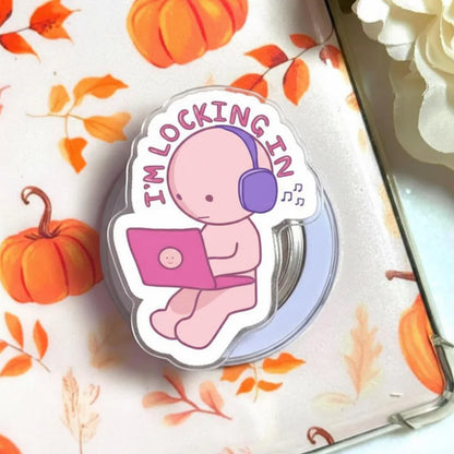 Kawaii Locking In Magnetic Phone Grip – Cute Character with Laptop & Headphones, MagSafe Phone Holder for Study and Work Lovers