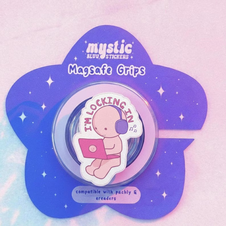 Kawaii Locking In Magnetic Phone Grip – Cute Character with Laptop & Headphones, MagSafe Phone Holder for Study and Work Lovers