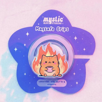 Cute Cat Magnetic Phone Grip, Motivational Magsafe Phone Stand, Fire Cat Phone Grip, Cat with Coffee, Cute Phone Accessory, Cat Lover Gift