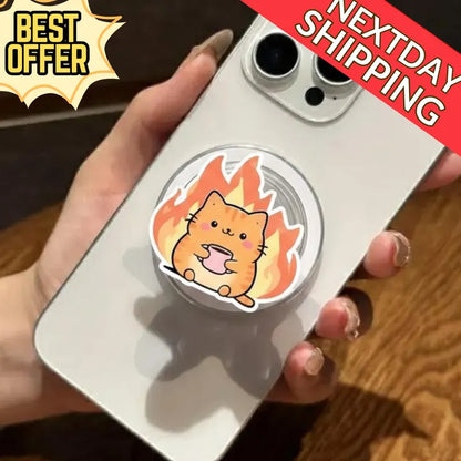 Cute Cat Magnetic Phone Grip, Motivational Magsafe Phone Stand, Fire Cat Phone Grip, Cat with Coffee, Cute Phone Accessory, Cat Lover Gift