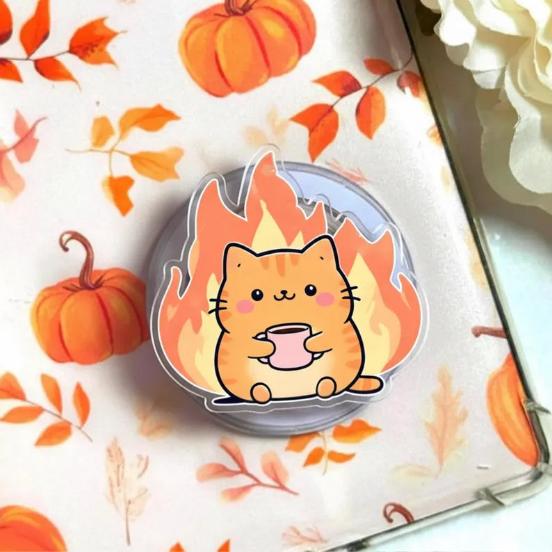 Cute Cat Magnetic Phone Grip, Motivational Magsafe Phone Stand, Fire Cat Phone Grip, Cat with Coffee, Cute Phone Accessory, Cat Lover Gift