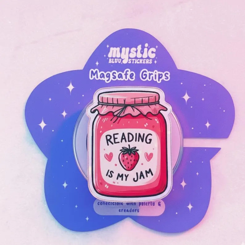 Reading Is My Jam Magnetic Phone Grip, Cute Strawberry Jam Jar Phone Accessory, Book Lover Gift, Fun Literary Magsafe Phone Grip