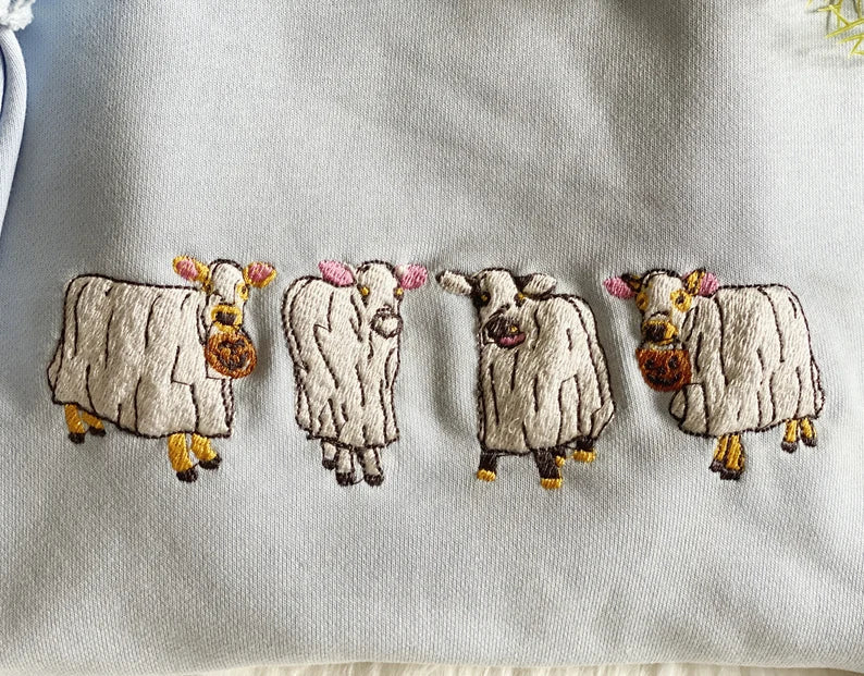 Embroidered Halloween Ghost Cow Sweatshirt