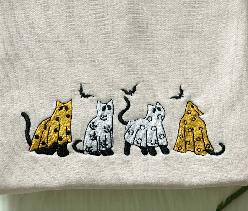 Embroidered Four Ghost Halloween Cat Sweatshirt