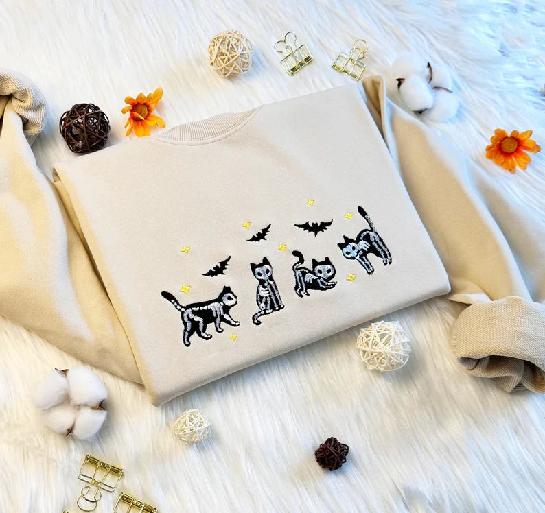 Halloween Skeleton Cat Embroidered Sweatshirt