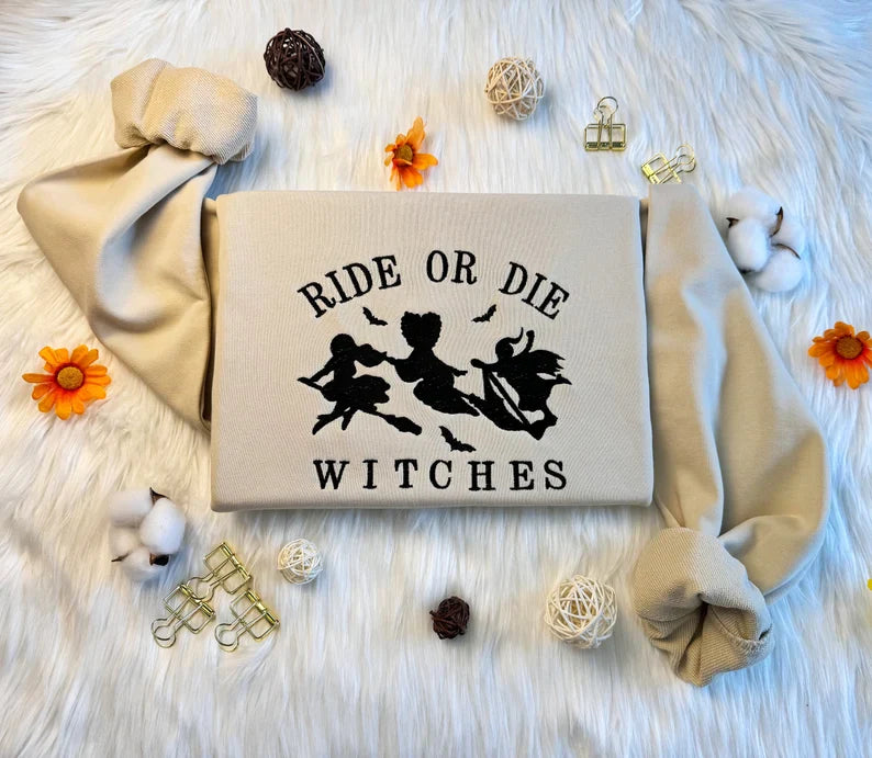 Ride or Die Witches Halloween Embroidered Sweatshirt