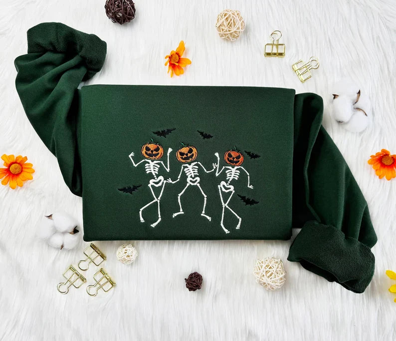 Embroidered Halloween Dancing Skeleton Sweatshirt