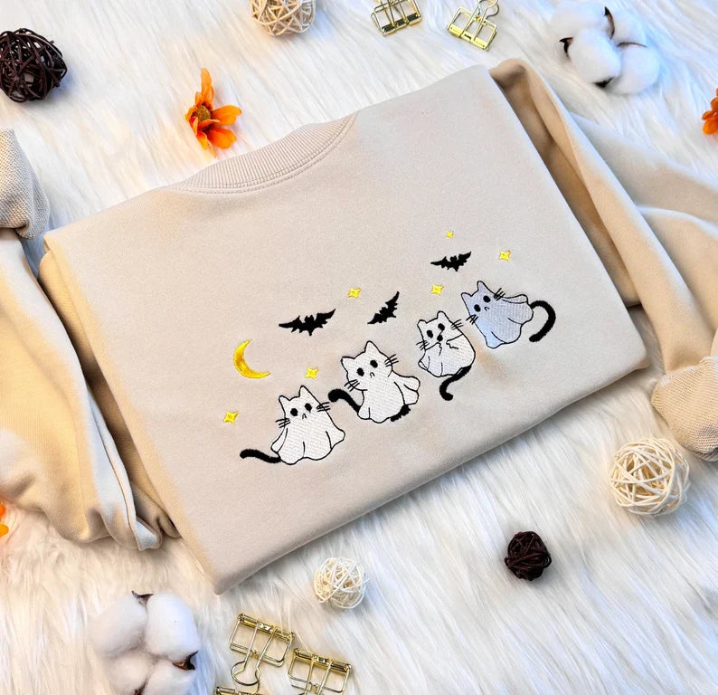 Embroidered Ghost Halloween Cat Sweatshirt