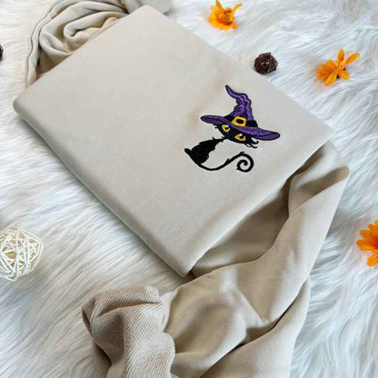 Embroidered Halloween Cute Cat with Hat Witch Sweatshirt