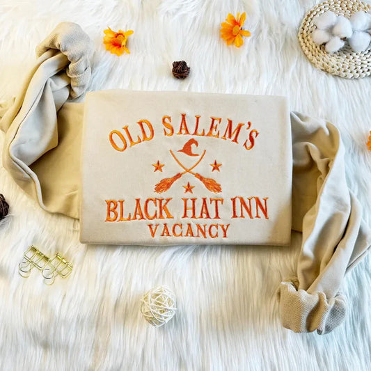 Embroidered Halloween Old Salem's Black Hat Inn Vacancy Sweatshirt