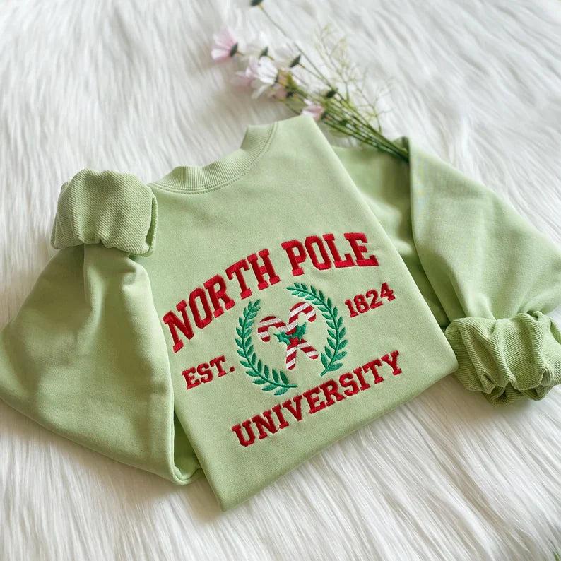 Embroidered North Pole University Sweatshirt for Christmas