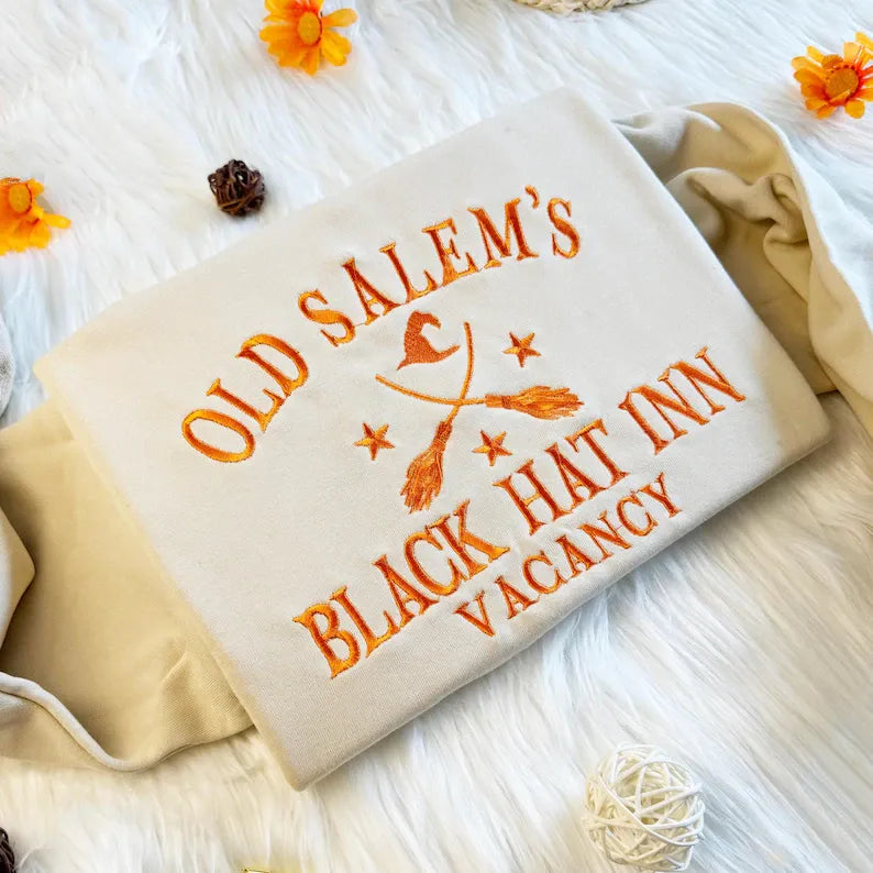 Embroidered Halloween Old Salem's Black Hat Inn Vacancy Sweatshirt