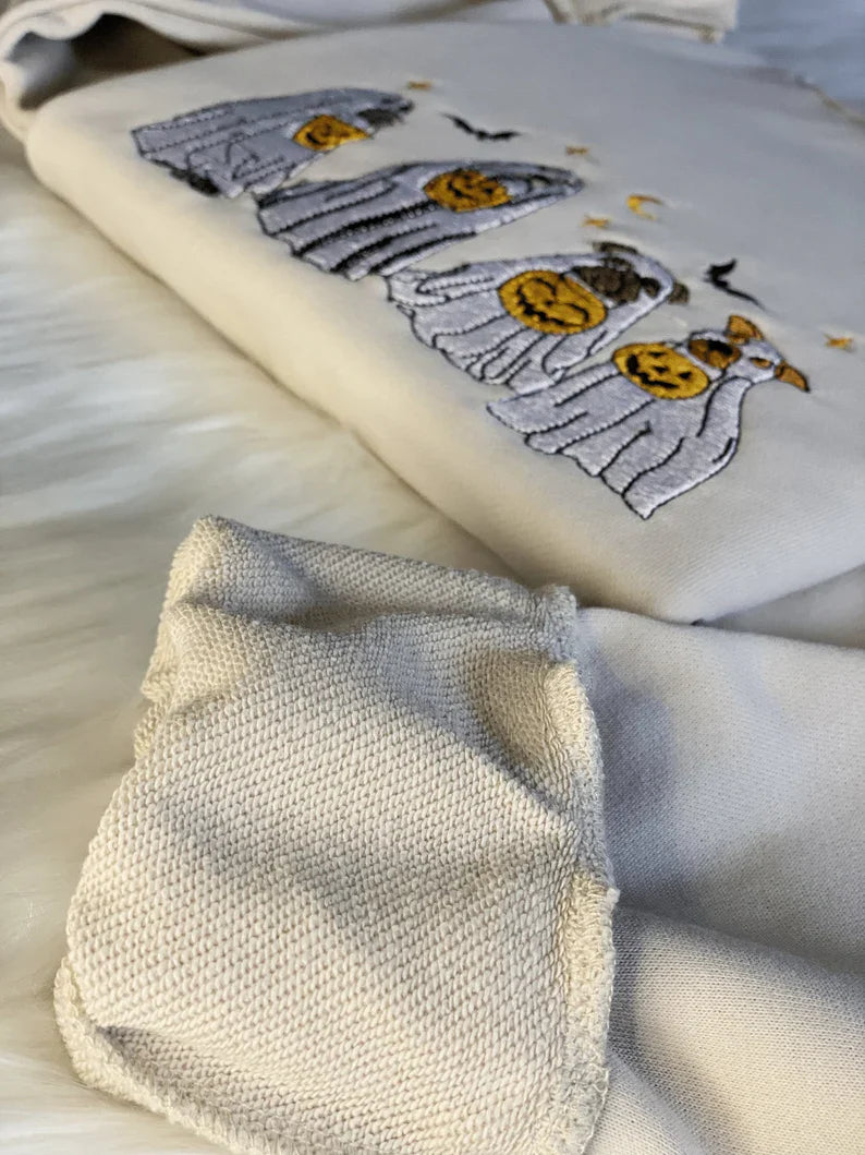 Halloween Embroidered Four Ghost Dog Sweatshirt