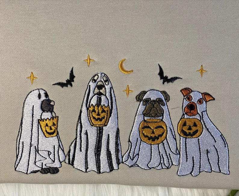 Halloween Embroidered Four Ghost Dog Sweatshirt