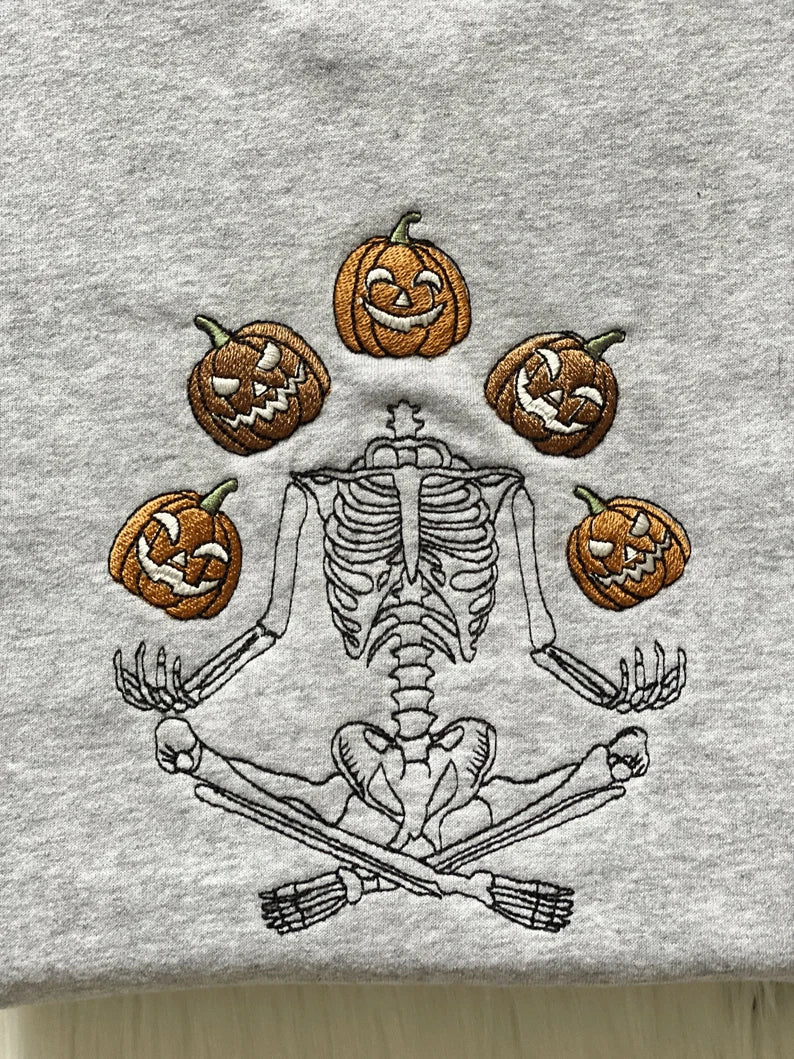 Embroidered Halloween Meditation Skeleton Sweatshirt