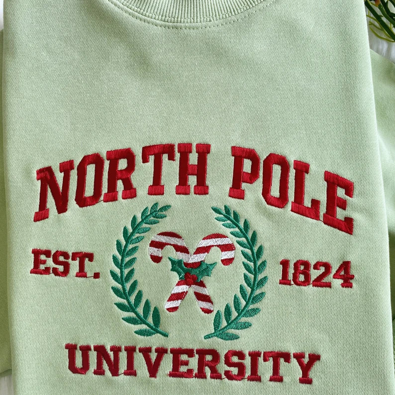 Embroidered North Pole University Sweatshirt for Christmas