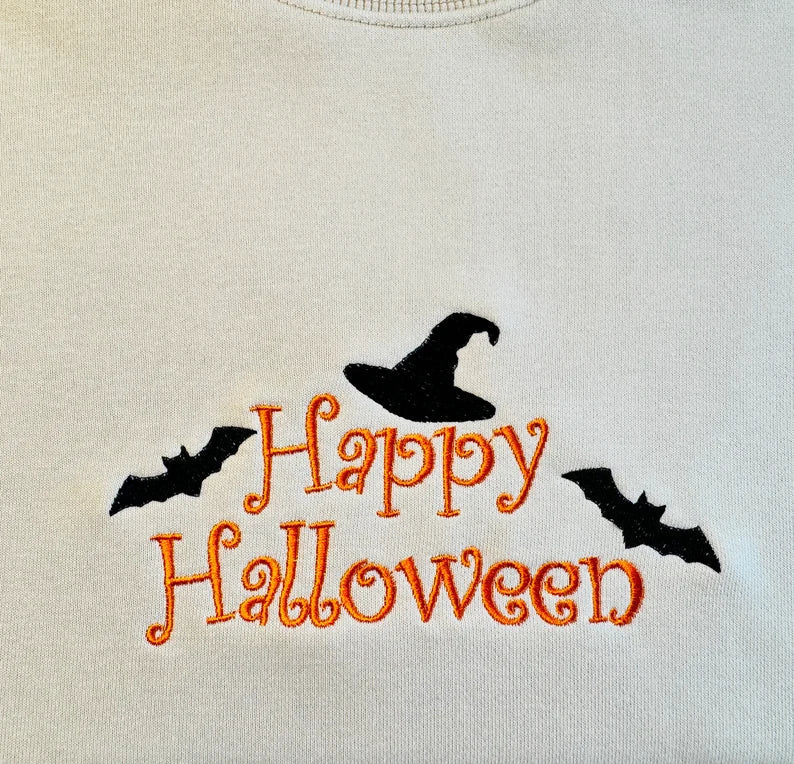 Embroidered Happy Halloween with Witch Hat Sweatshirt