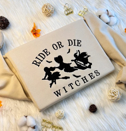 Ride or Die Witches Halloween Embroidered Sweatshirt