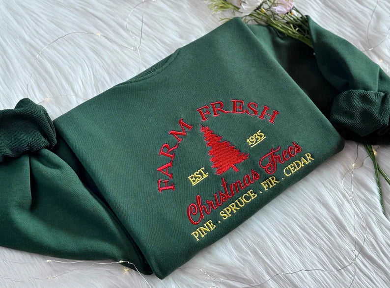 Embroidered Farm Fresh Trees Christmas Sweatshirt